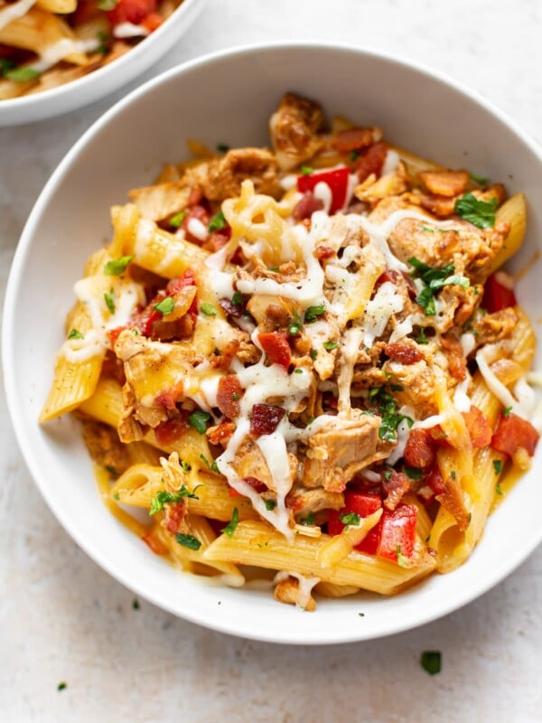 BBQ chicken pasta sauce over penne (in bowls)