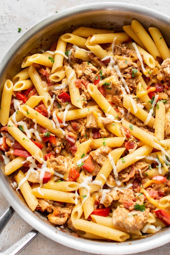 BBQ chicken pasta sauce over penne (in a skillet)