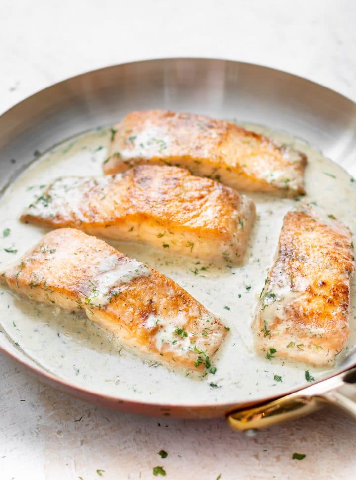 lemon dill salmon in a copper skillet