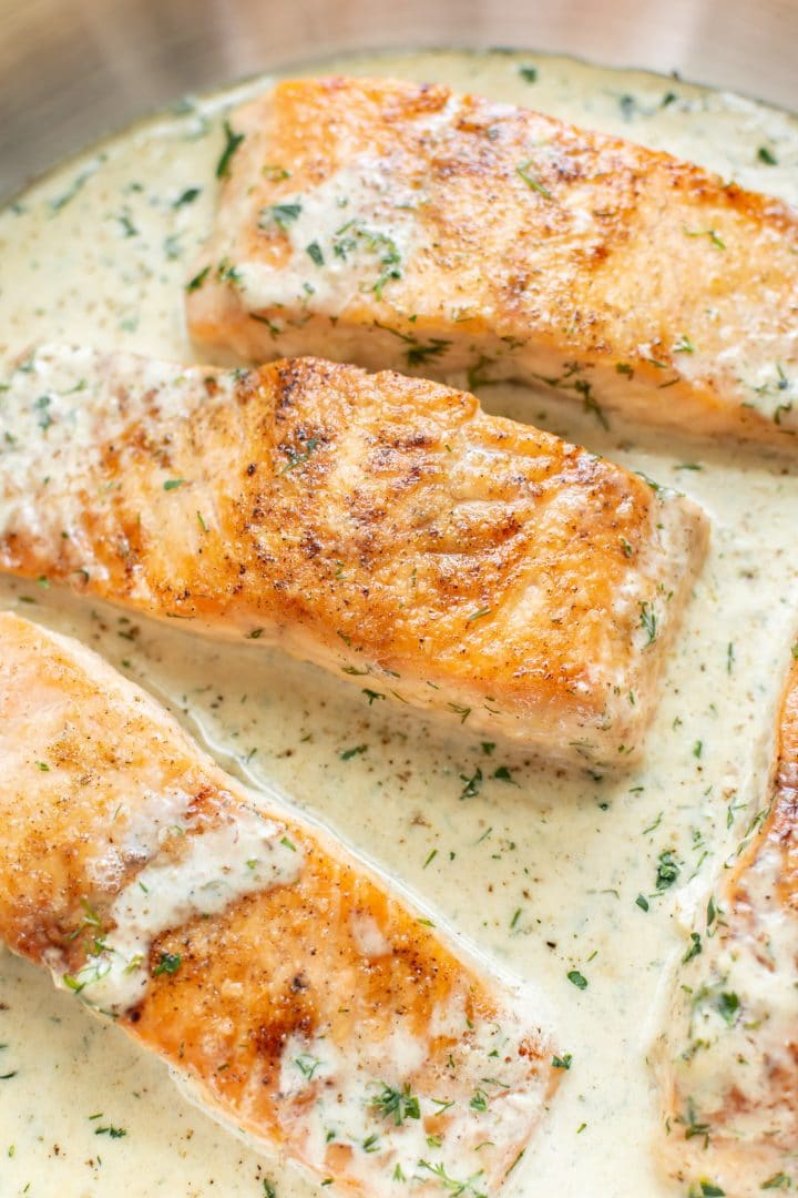 extreme close-up of creamy dill salmon