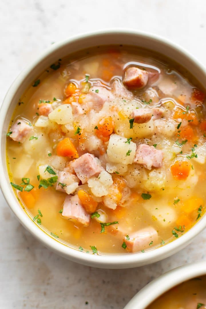 close-up of healthy ham and potato soup