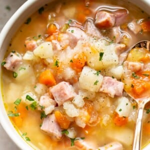 close-up of the BEST ham and potato soup (dairy-free)