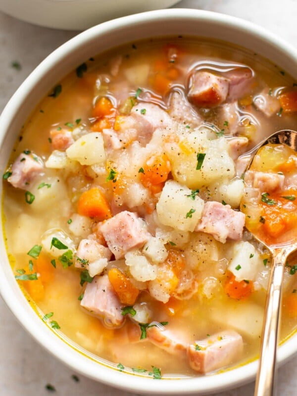 close-up of the BEST ham and potato soup (dairy-free)