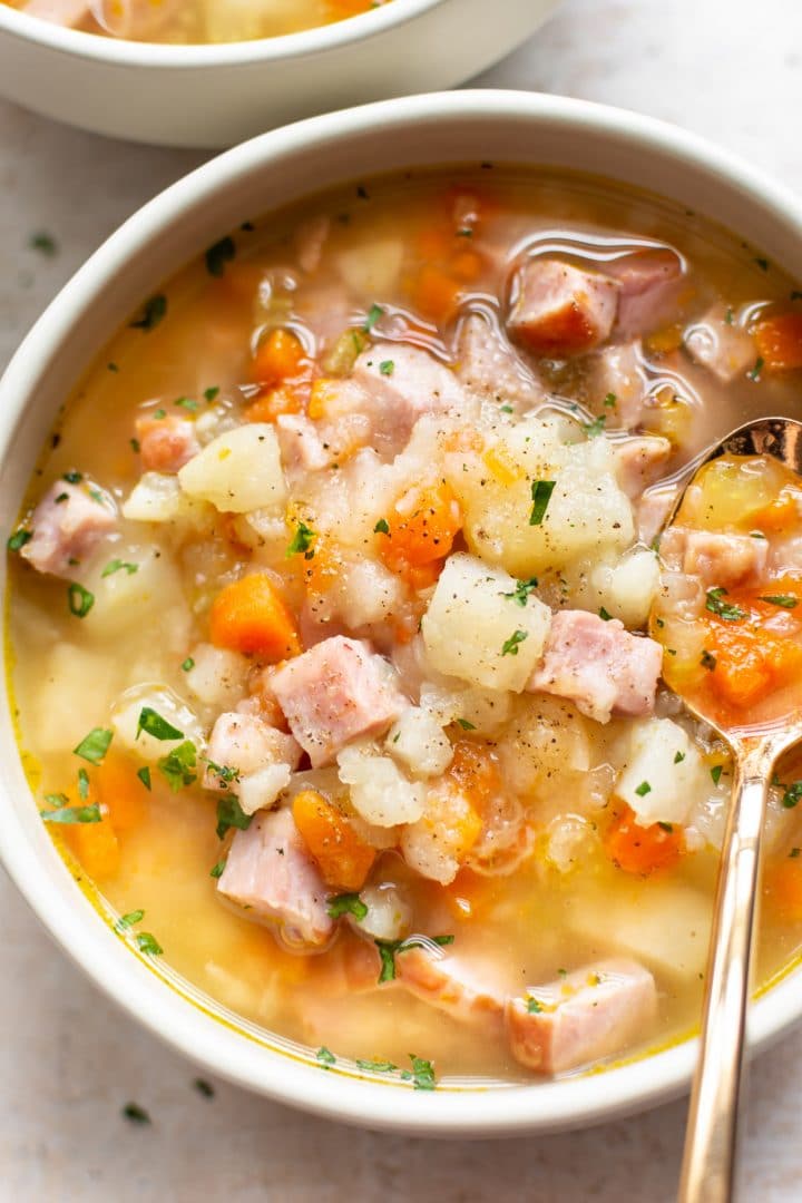 close-up of the BEST ham and potato soup (dairy-free)