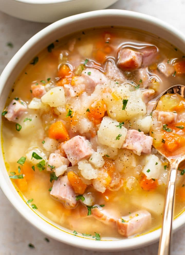 close-up of the BEST ham and potato soup (dairy-free)
