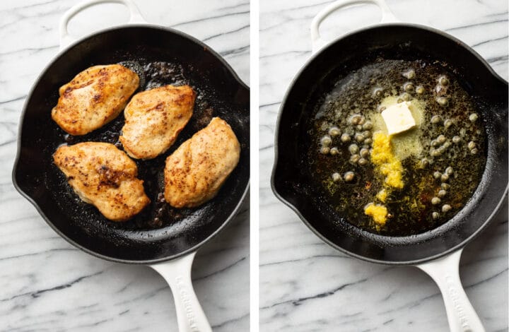 pan frying chicken and then sauteing aromatics for the chicken piccata sauce in a skillet