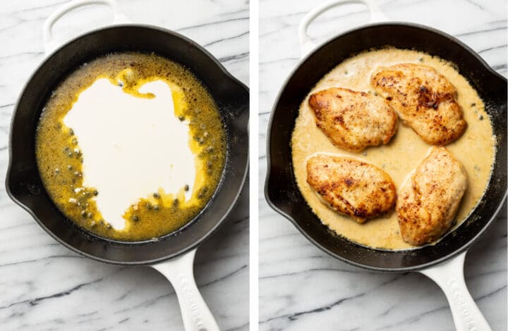 adding cream to the sauce in a skillet and then putting the chicken back in