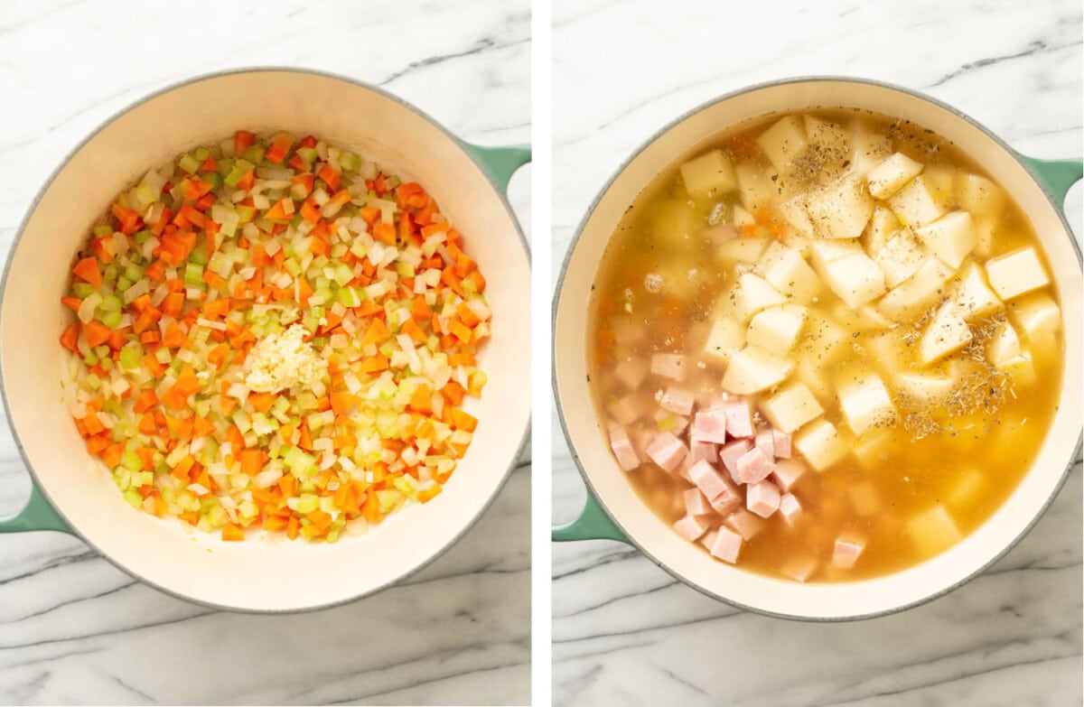 sauteing onions, carrots, garlic, and celery and adding in remaining ingredients for ham and potato soup