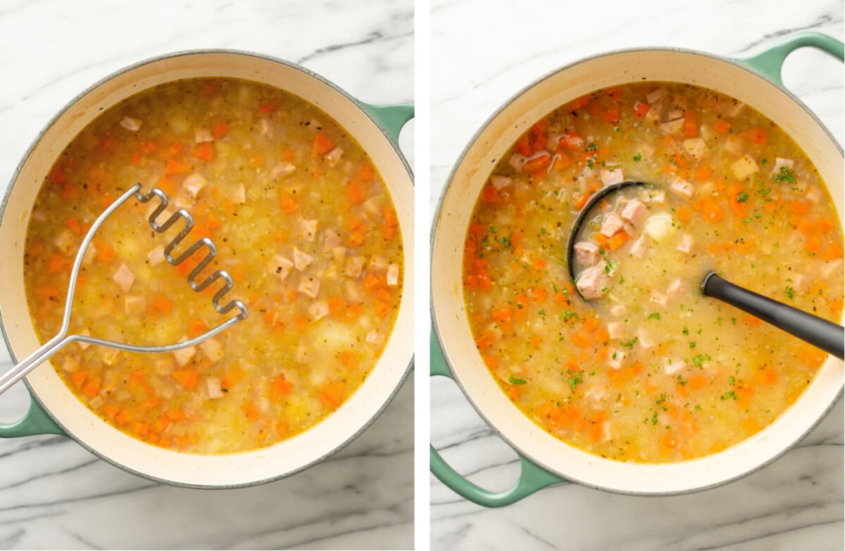 mashing potatoes with a hand held masher in a pot of ham and potato soup and then serving with a ladle