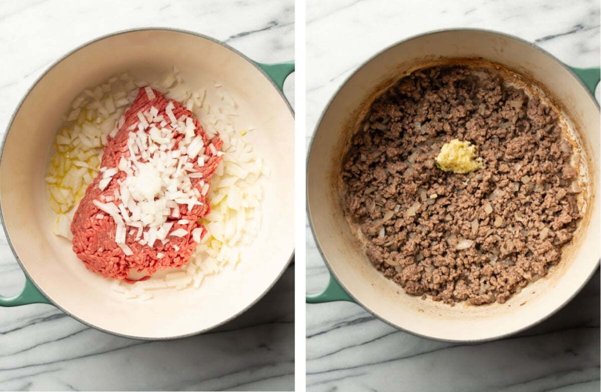 sauteing ground beef in a soup pot with onions and adding garlic