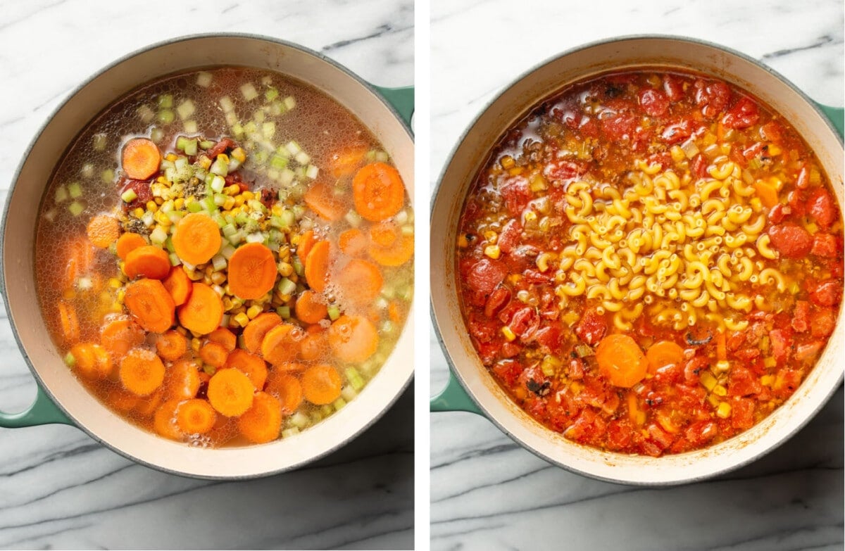 adding vegetables to a pot of soup then stirring in macaroni