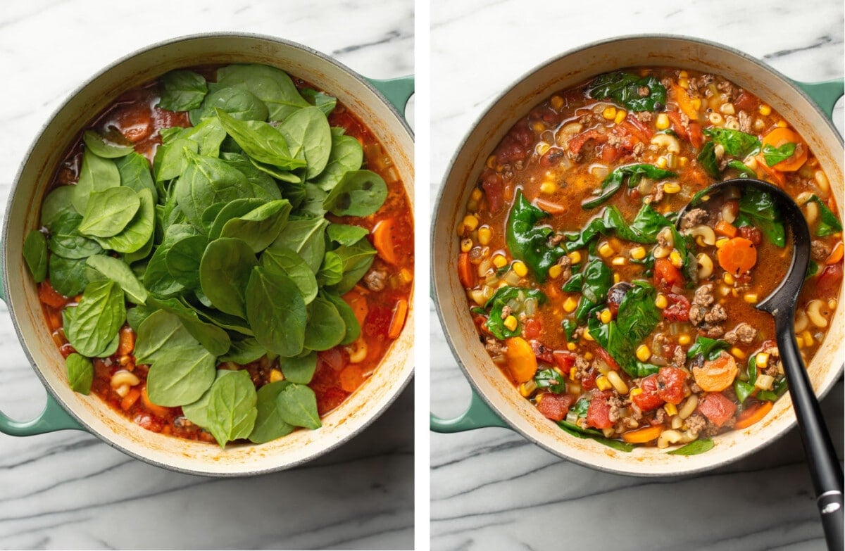 stirring in spinach into a pot of macaroni soup and serving with a ladle