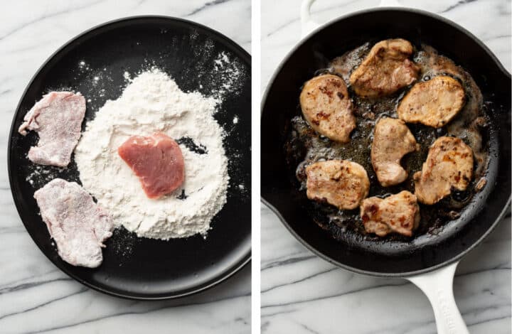 dredging pork in flour and pan searing in a cast iron skillet