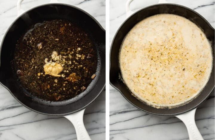 making creamy herb sauce for pork tenderloin in a cast iron skillet