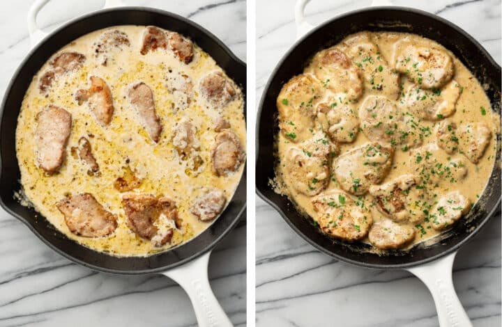 adding pork back into a skillet and finishing cooking it