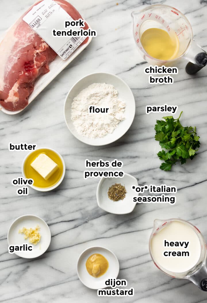 ingredients for creamy pork tenderloin in prep bowls