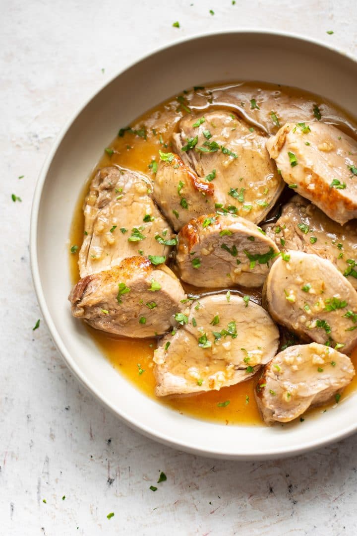 Easy Instant Pot pork tenderloin (cut into medallions and covered in honey garlic sauce)