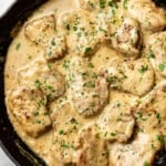 a cast iron skillet with pork tenderloin medallions in a creamy sauce