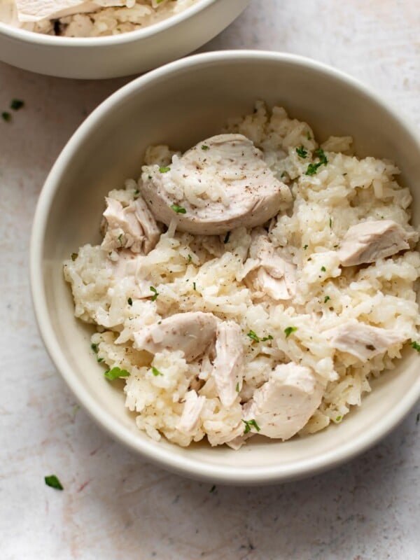 chicken and rice casserole recipe in two bowls