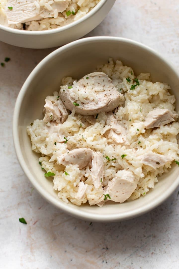 chicken and rice casserole recipe in two bowls