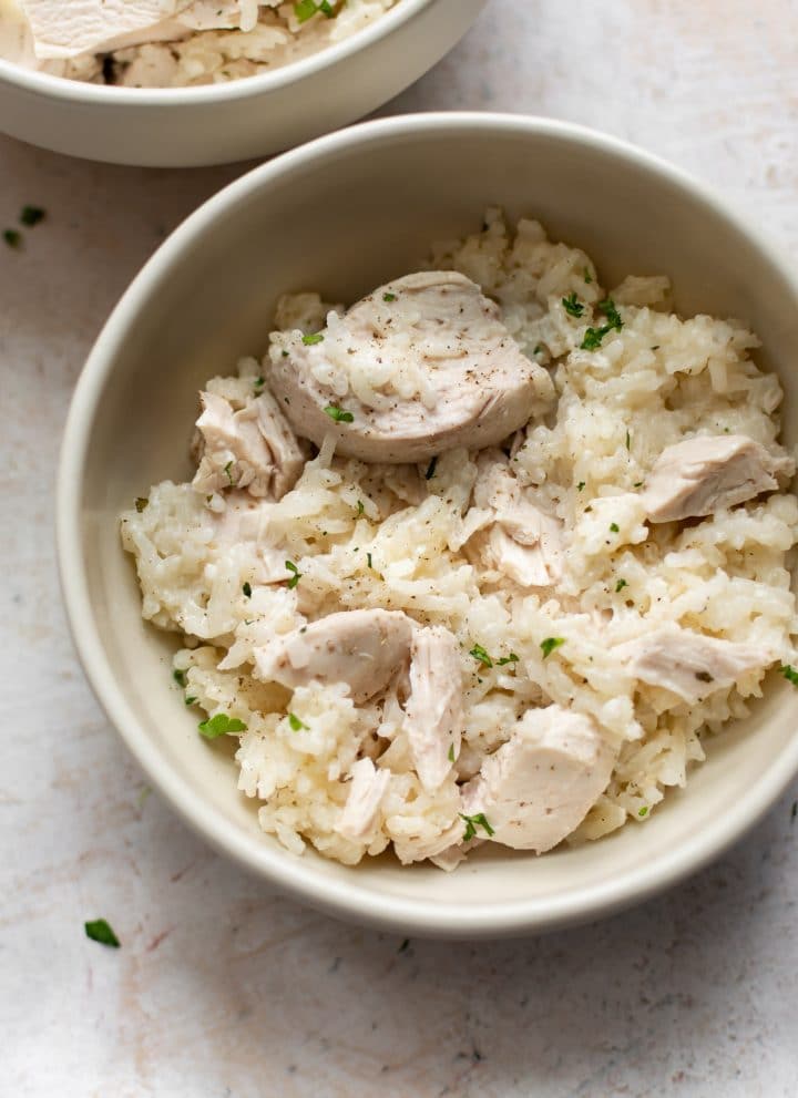 chicken and rice casserole recipe in two bowls