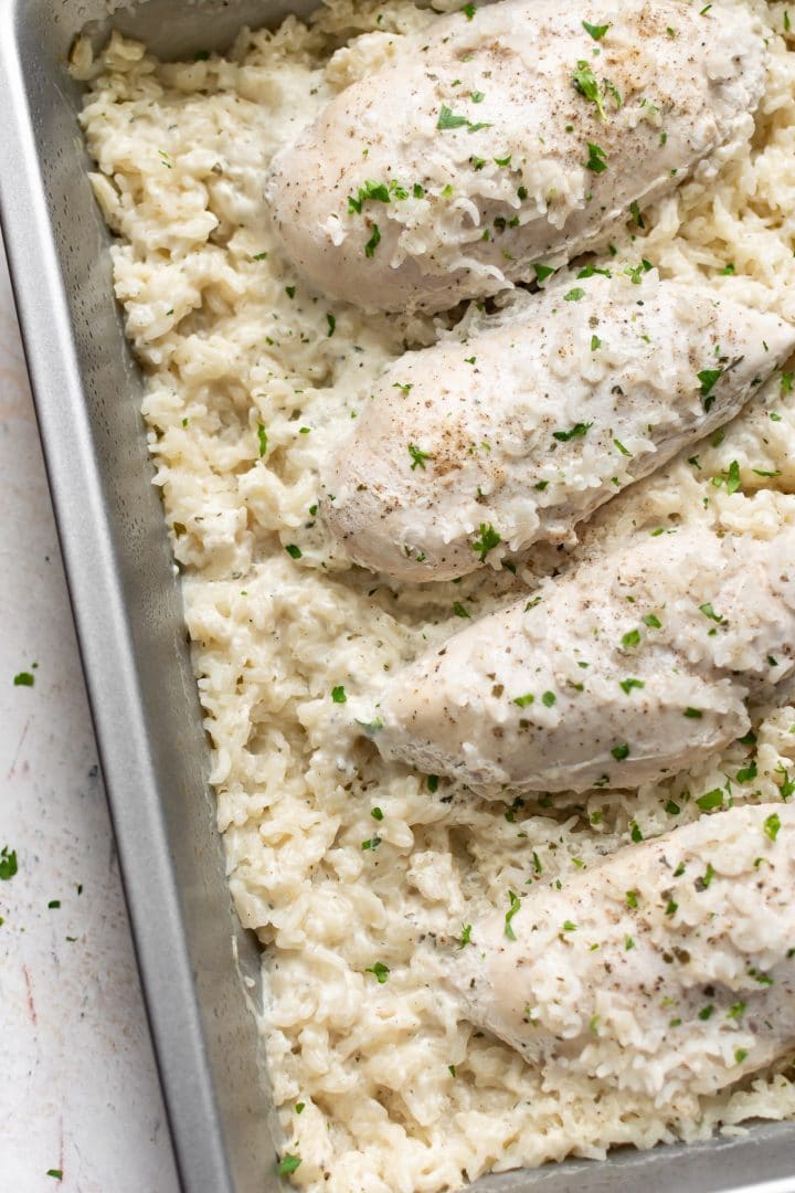 easy chicken and rice casserole in a baking dish