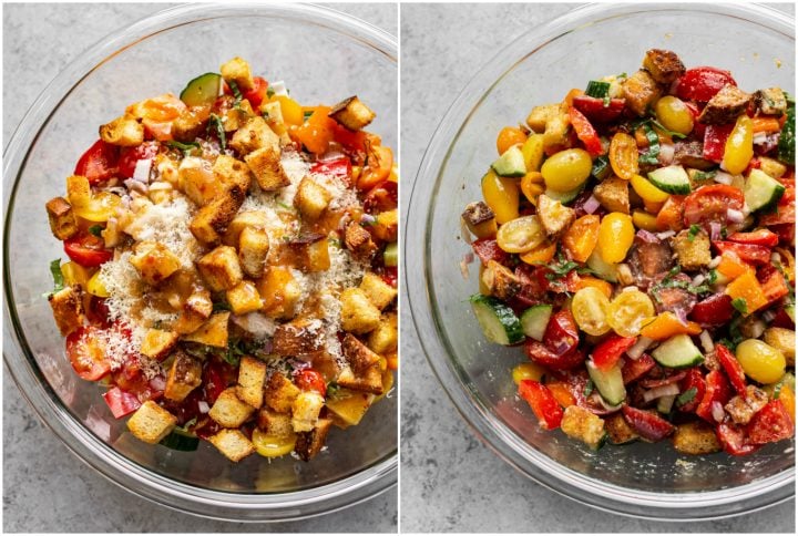 Cajun Panzanella Salad collage (prep in glass bowls)