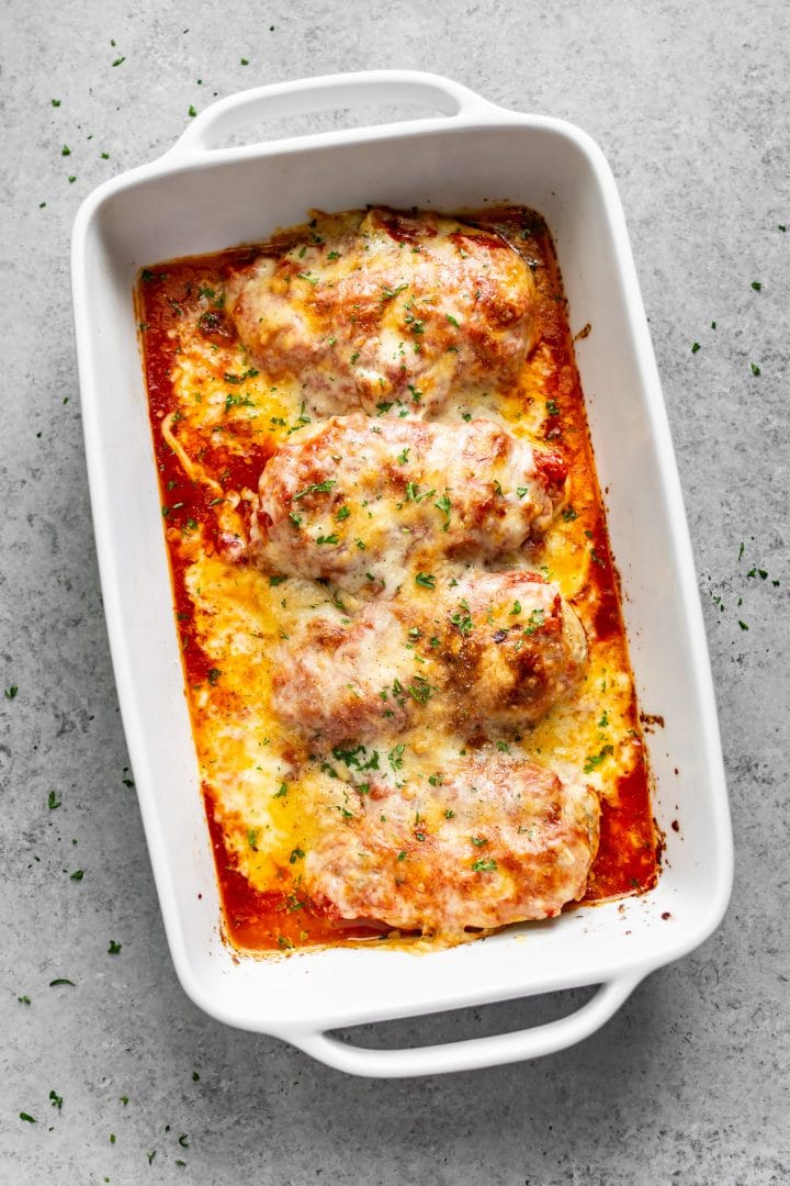 chicken mozzarella bake in a baking dish
