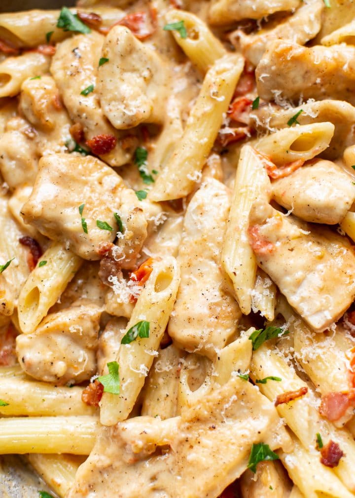 close-up of creamy chicken penne pasta