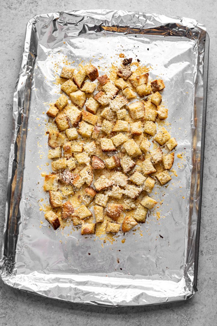 easy homemade croutons on a baking sheet