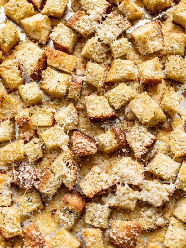 close-up of baked croutons