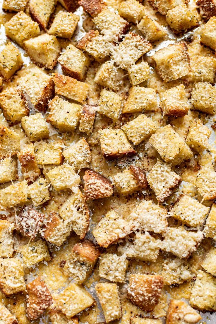 close-up of baked croutons