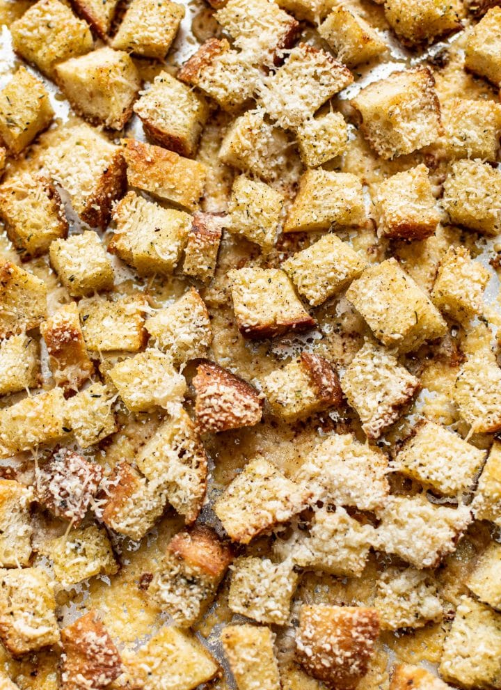 close-up of baked croutons