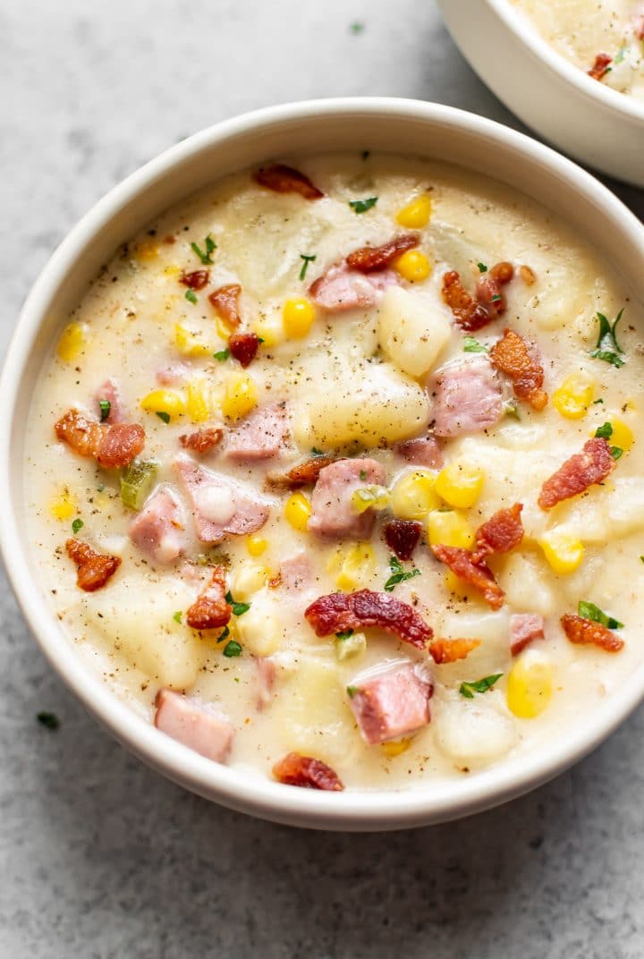 creamy ham and corn chowder in a bowl