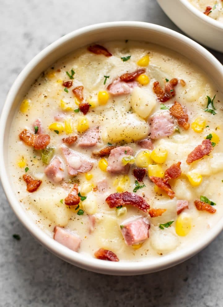 creamy ham and corn chowder in a bowl
