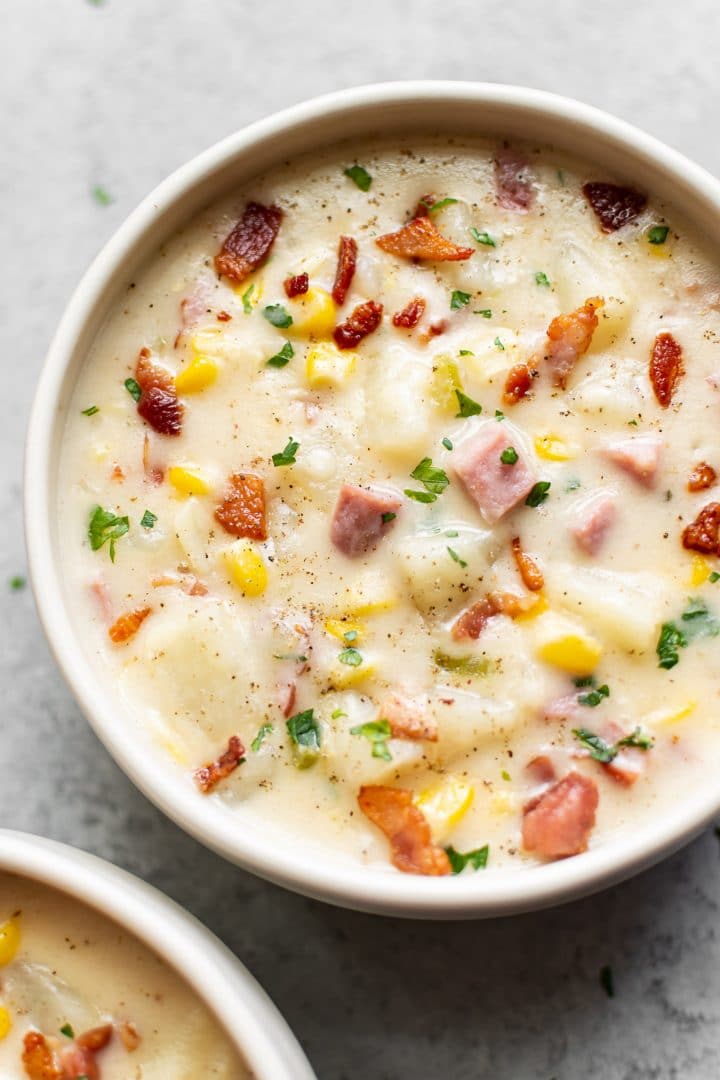 close-up of ham and corn chowder