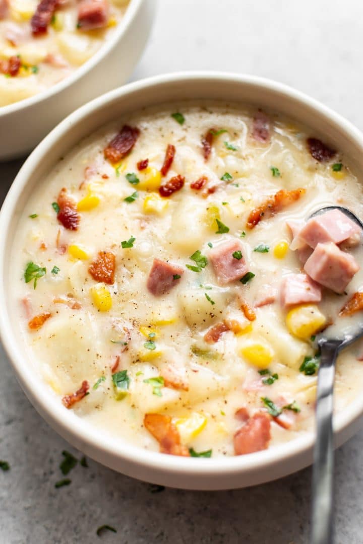 ham and corn chowder in two bowls