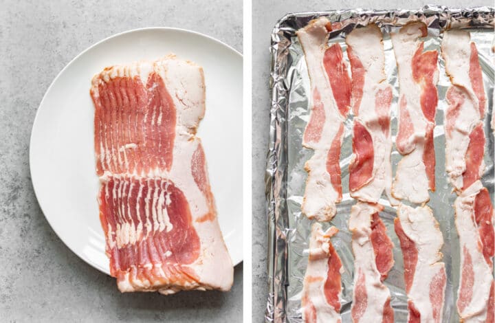 bacon strips on a plate next to a baking sheet with foil