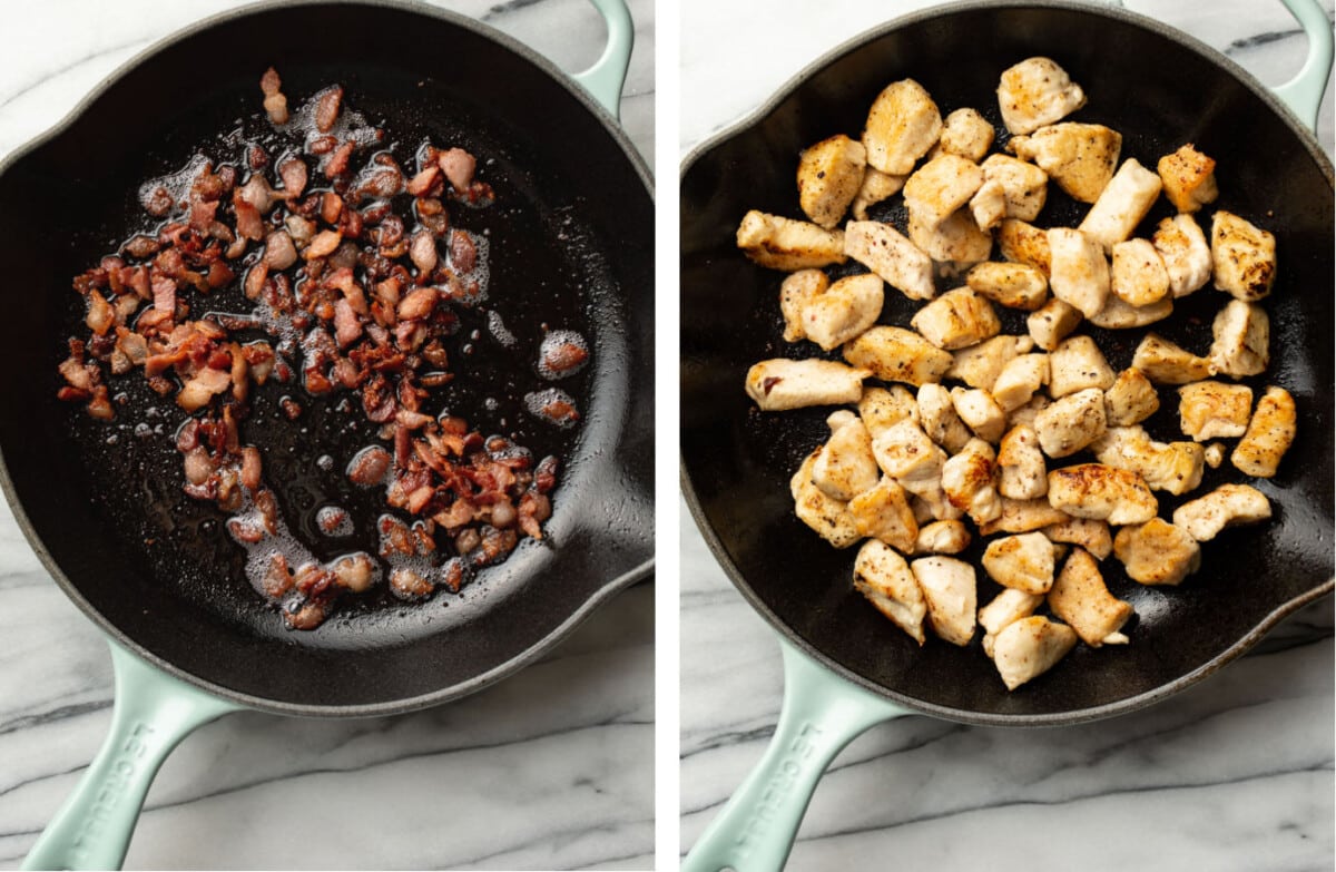 sauteing bacon in a skillet and then cooking chicken bites