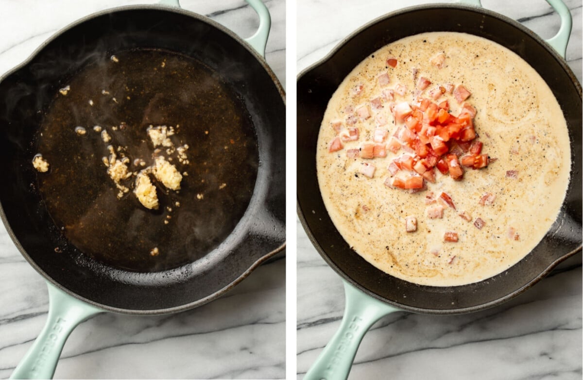 making creamy garlic sauce with tomatoes for chicken pasta in a skillet