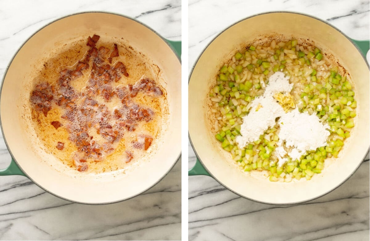 sauteing bacon in a soup pot and then cooking celery and onions with flour and garlic