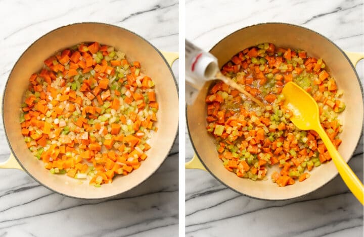 sauteing vegetables and adding chicken broth to a soup pot