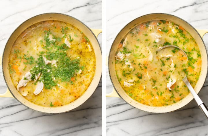adding fresh parsley to a pot of lemon chicken orzo soup