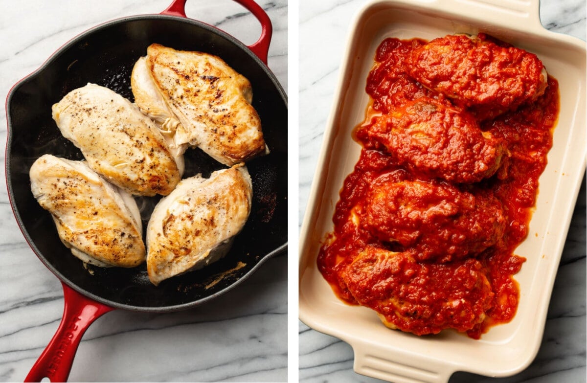 pan frying chicken in a skillet and then adding to a baking dish with marinara sauce