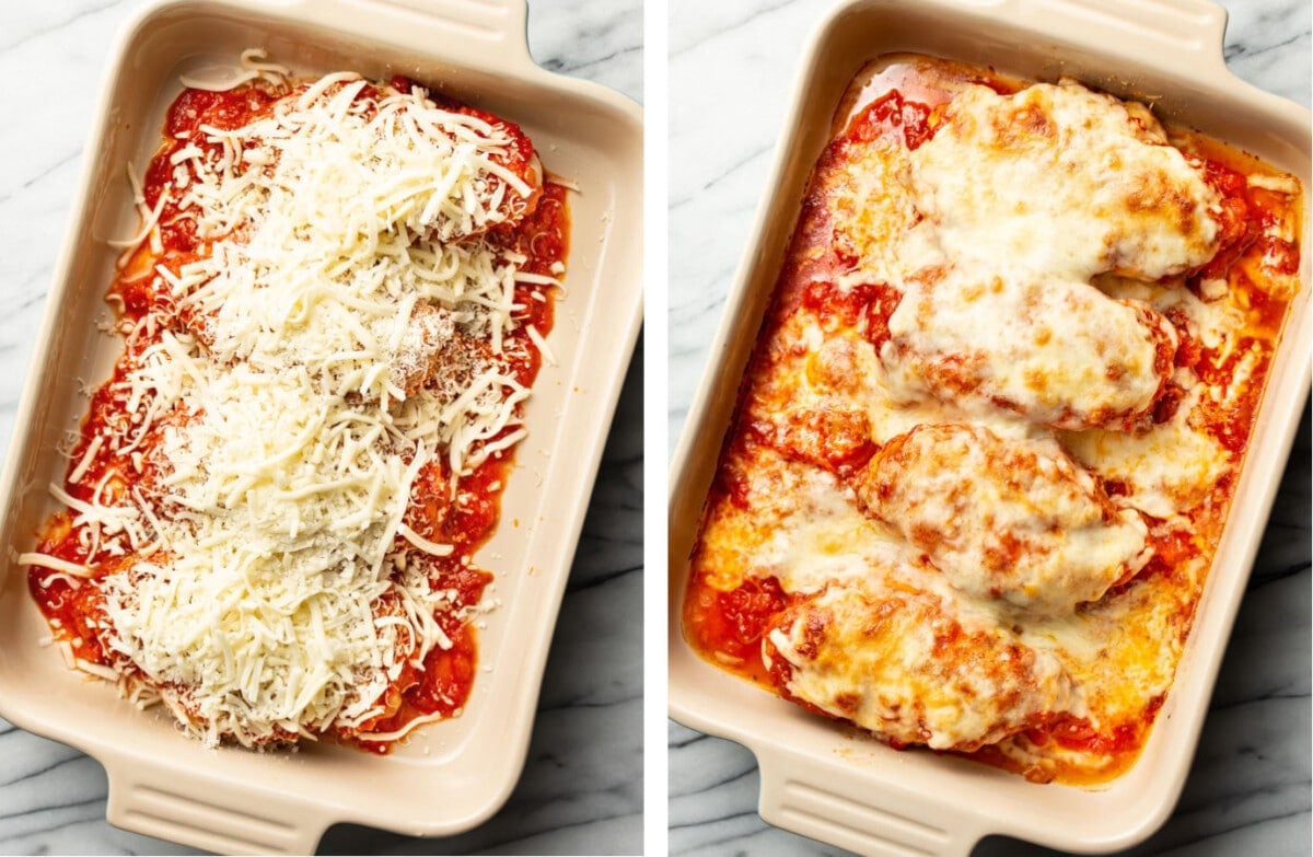 mozzarella chicken in a casserole dish before and after baking