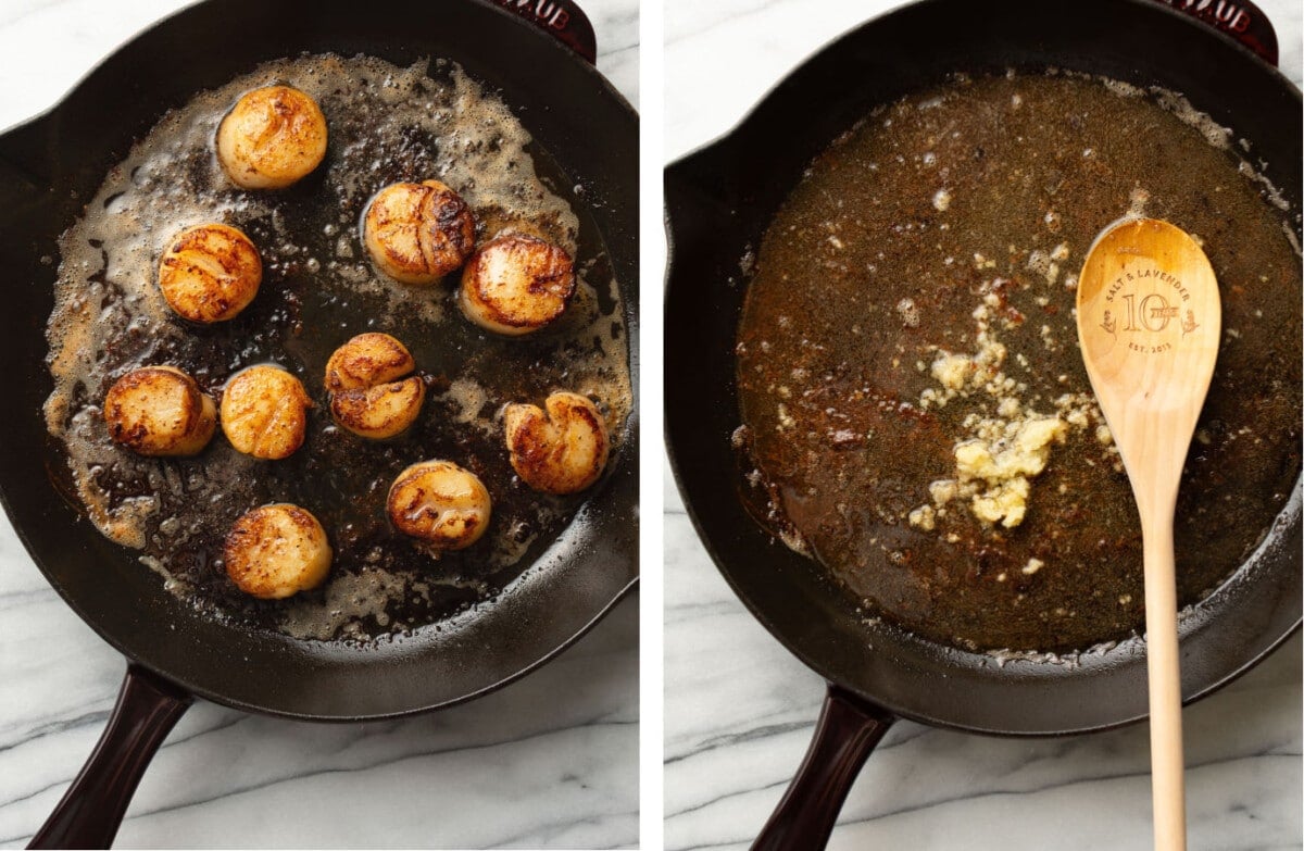 pan searing scallops in a skillet and then stirring sauce with a spoon