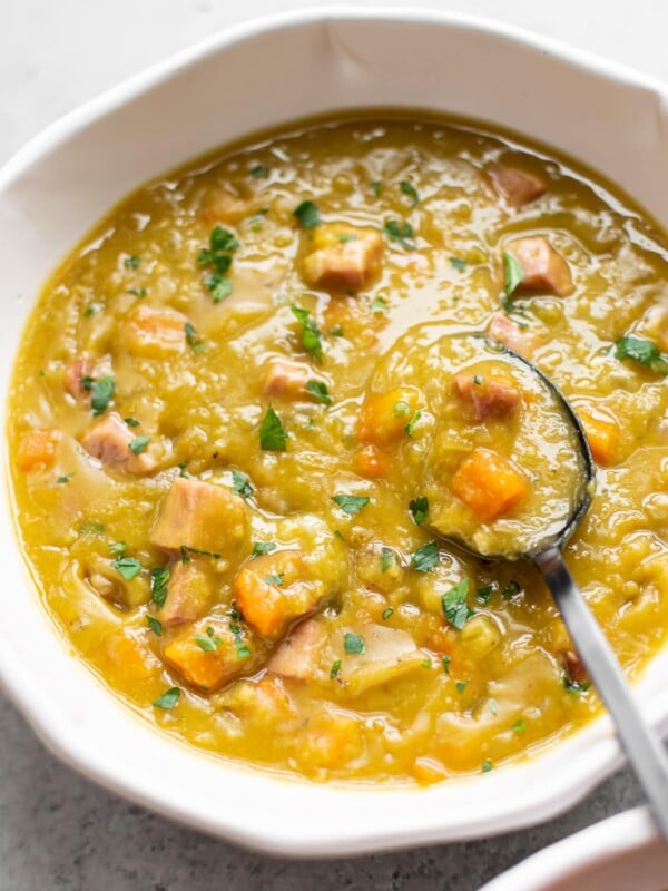 The BEST Instant Pot split pea soup (close-up in a white bowl)