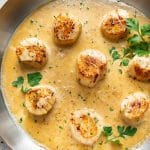 pan-seared scallops with creamy lemon garlic butter sauce in a skillet