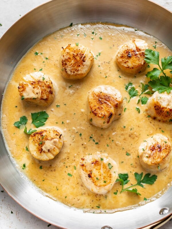 pan-seared scallops with creamy lemon garlic butter sauce in a skillet