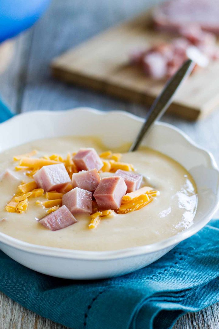 creamy cauliflower soup with ham and cheese